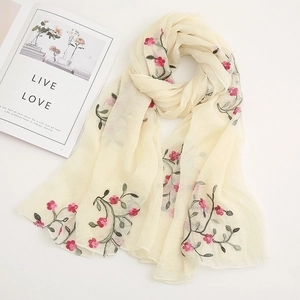 Elegant floral embroidery on a lightweight chiffon sun-protection scarf for women