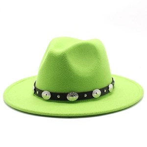 Detail of neon green wool felt fedora featuring a black leather belt and embossed metal buckle