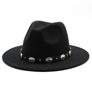 Classic black wool felt fedora hat featuring a leather band with silver metal studs