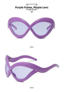 Close-up of futuristic purple infinity-shaped sunglasses with matching lenses for women
