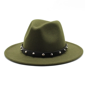 Macro view of army green wool fedora hat featuring a black leather belt with silver rivets