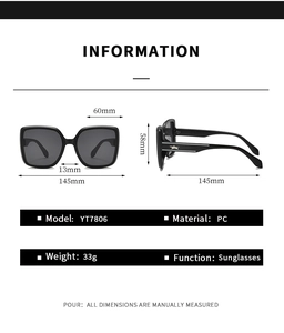 Detailed size chart and specifications of YT7806 black wide frame star sunglasses