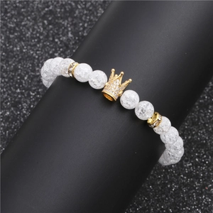8mm white cracked stone beaded bracelet with golden crown charm and crystal spacers