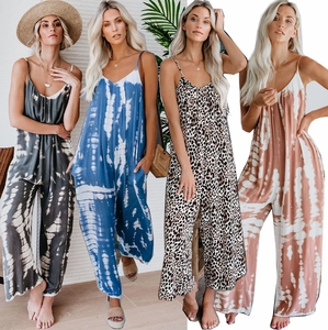 Combinaison Sexy Pour Femmes à Fines Bretelles Tie-Dye Imprimé Léopard Polyester Jambe Large Décontractée Été Vacances