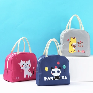 Cute cartoon animal lunch bags in pink, navy blue, and grey with panda and giraffe prints