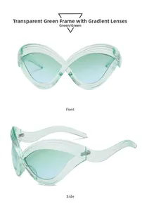 Front and side views of futuristic cat-eye sunglasses with transparent green frames