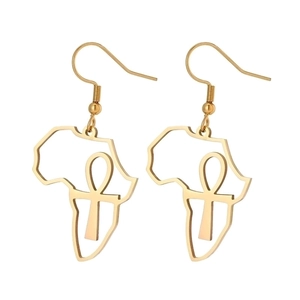 Golden stainless steel Africa map earrings with Ankh symbol shown on white background