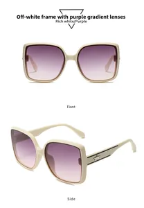 Detail view of cream white sunglasses with gradient purple lenses and star decor