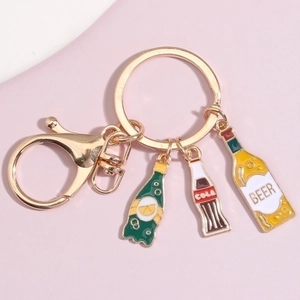 Enamel beverage bottle keychain with beer and cola charms on gold lobster clasp
