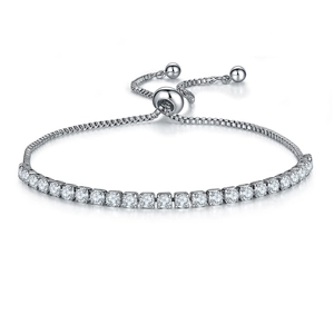 Detail of adjustable silver bracelet with pavé-set round cubic zirconia stones