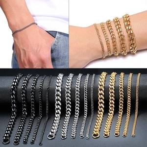 Gold, silver, and black stainless steel Cuban link bracelets in various widths for men