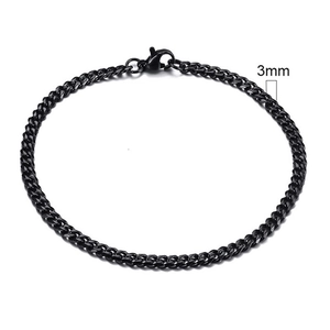 Detailed view of 3mm black stainless steel Cuban link chain bracelet with lobster clasp
