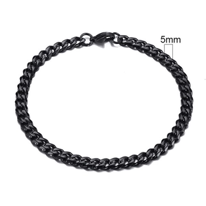 Detailed close-up of 5mm wide black stainless steel Cuban chain bracelet with lobster clasp