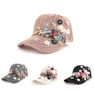 Women Knitted Baseball Cap With Fabric Flowers Artificial Pearls And Metal Leaves Breathable Adjustable Peaked Hat