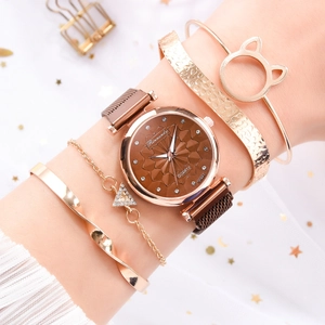 Rose gold magnetic mesh watch set with cat ear bangle and assorted flower bracelets