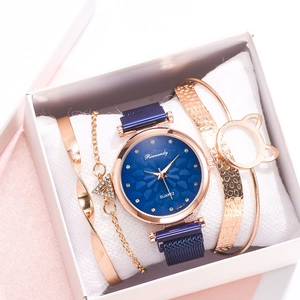 Detailed set of blue floral dial watch and rose gold cat-ear bracelets in a gift box