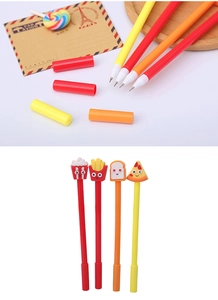 Close-up of creative cartoon gel pens featuring popcorn, fries, toast and pizza toppers