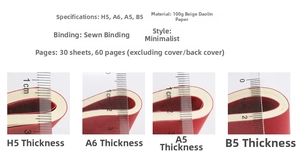 Size comparison chart showing thickness and dimensions of A6 A5 B5 stitched notebooks