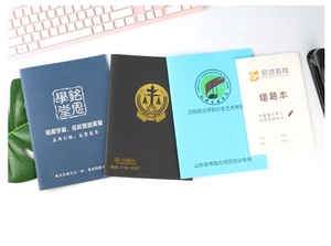 Detailed close-up of colorful student notebooks with custom educational school logos