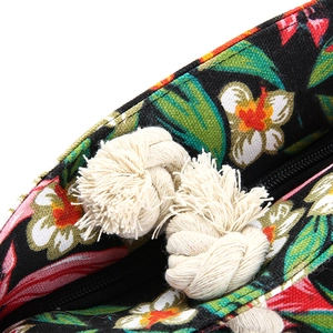 Minimalist canvas tote bag with tropical floral print and white cotton rope handle