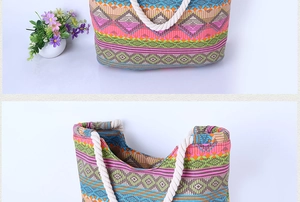 Detail of colorful geometric woven tote bag featuring white thick cotton rope handles