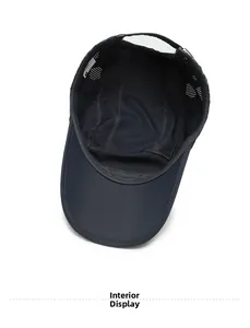 Detailed interior of a quick-dry baseball cap featuring breathable mesh and neat stitching