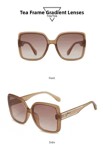 Detailed views of square frame sunglasses with tea gradient lenses and star accents
