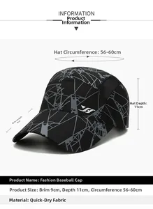 Quick-dry baseball cap detail with 9cm brim, 11cm depth, and mesh side vents