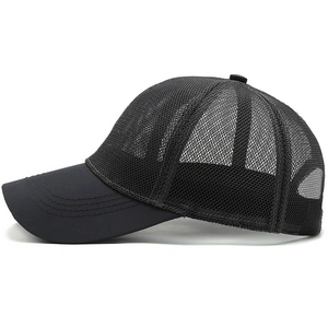 Lightweight black mesh baseball cap with breathable sun protection and stitched brim