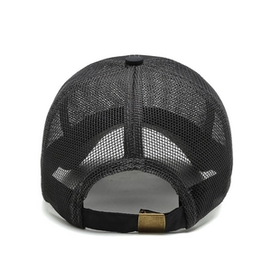 Rear view of black breathable mesh baseball cap with vintage metal adjustment buckle