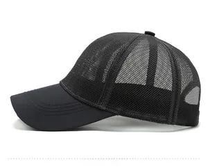 Side view of black mesh baseball cap showing breathable texture and reinforced stitching