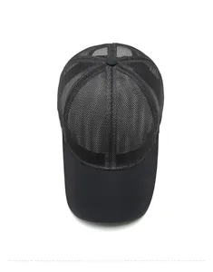Detailed macro view of black mesh baseball cap with breathable hexagonal fabric