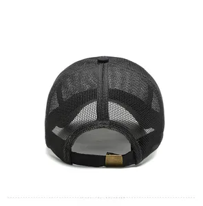 Rear view of breathable black mesh trucker hat with adjustable vintage metal buckle