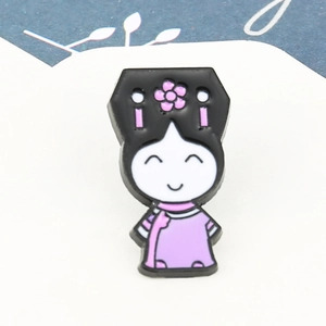 Cartoon Chinese opera character brooch in purple and black enamel on white background