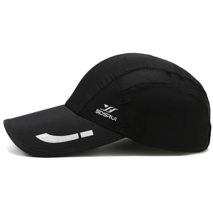 Breathable quick-dry black sports cap with reflective brim for outdoor running and hiking