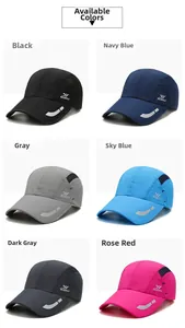 Detail of quick-dry baseball caps with breathable mesh and reflective strips in six colors