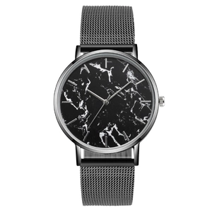 Men's fashion watch with black marble dial and dark grey mesh stainless steel band
