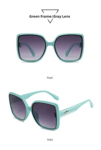 Detailed front and side views of mint green square sunglasses with gradient gray lenses