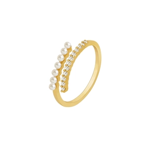 Gold double-layered open ring with baroque pearls and sparkling white zircon accents