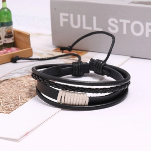 Retro multi-layer black braided leather bracelet with adjustable cord and cotton accents
