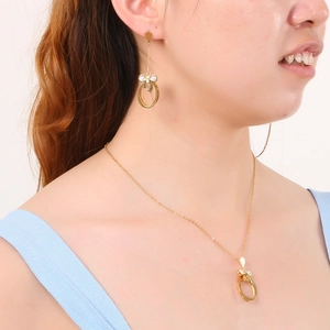 Golden titanium steel bowknot necklace and earrings set with white cubic zirconia