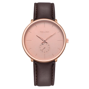 Minimalist quartz men's watch with rose gold case, brown leather strap and small sub-dial