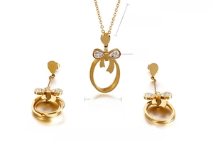 Detail showing dimensions of gold bow jewelry set with cubic zirconia stones