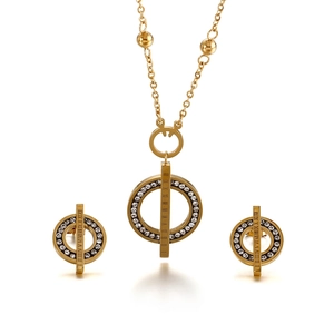 Stainless Steel Necklace And Earrings Hollow Circle Roman Numerals Rhinestone Elegant Korean Fashion Women Jewelry