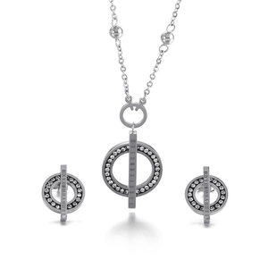 Silver round necklace and earrings set with crystal rhinestones and Roman numerals
