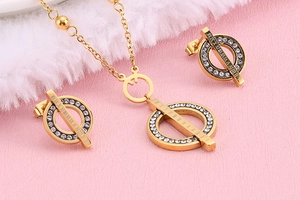 Detailed view of a gold jewelry set featuring crystal circle necklace and matching earrings