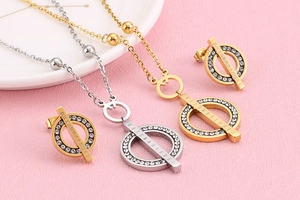 Detail of Roman numeral jewelry set with rhinestone circles in gold and silver