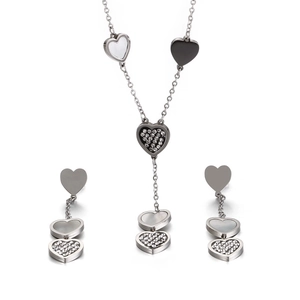 Silver heart jewelry set with Y-shaped necklace and matching rhinestone earrings