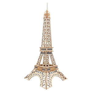 Detailed view of an assembled 3D wooden puzzle model of the Eiffel Tower in natural wood