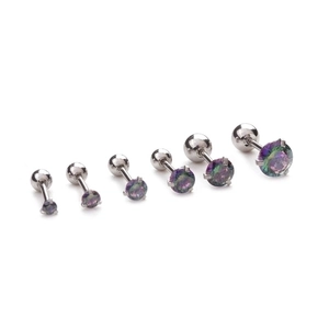 Three-prong zircon stud earrings in various sizes with stainless steel screw backs